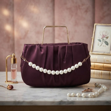 Elegant Pleated Maroon Handbag with Pearl Detail